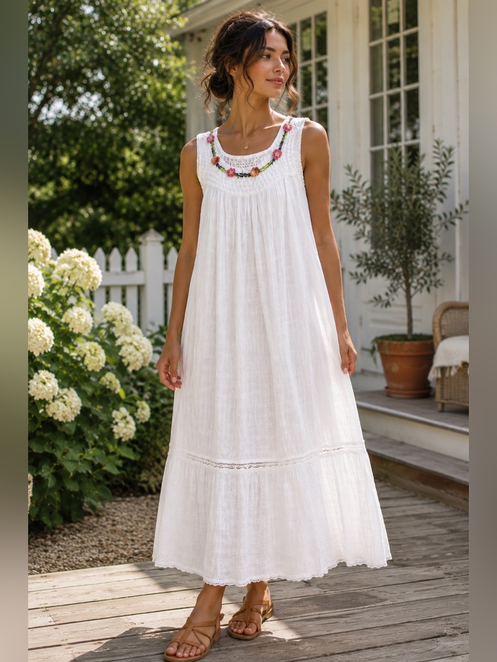 Cadeltef Ecuador White Cotton Crochet Floral Maxi Dress Boho Cottagecore
